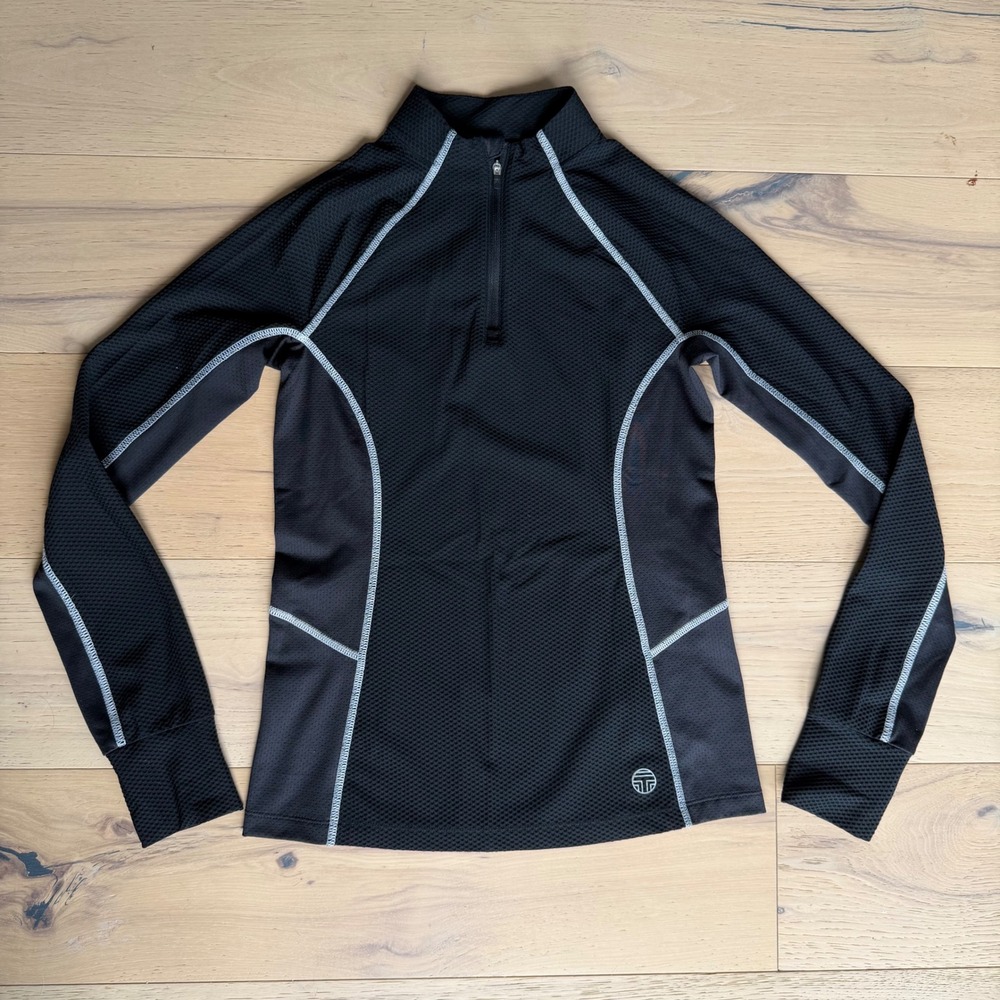 Tory Sport Womens Black Honeycomb Mesh Quarter Zip Pullover Thumbholes XS 17240